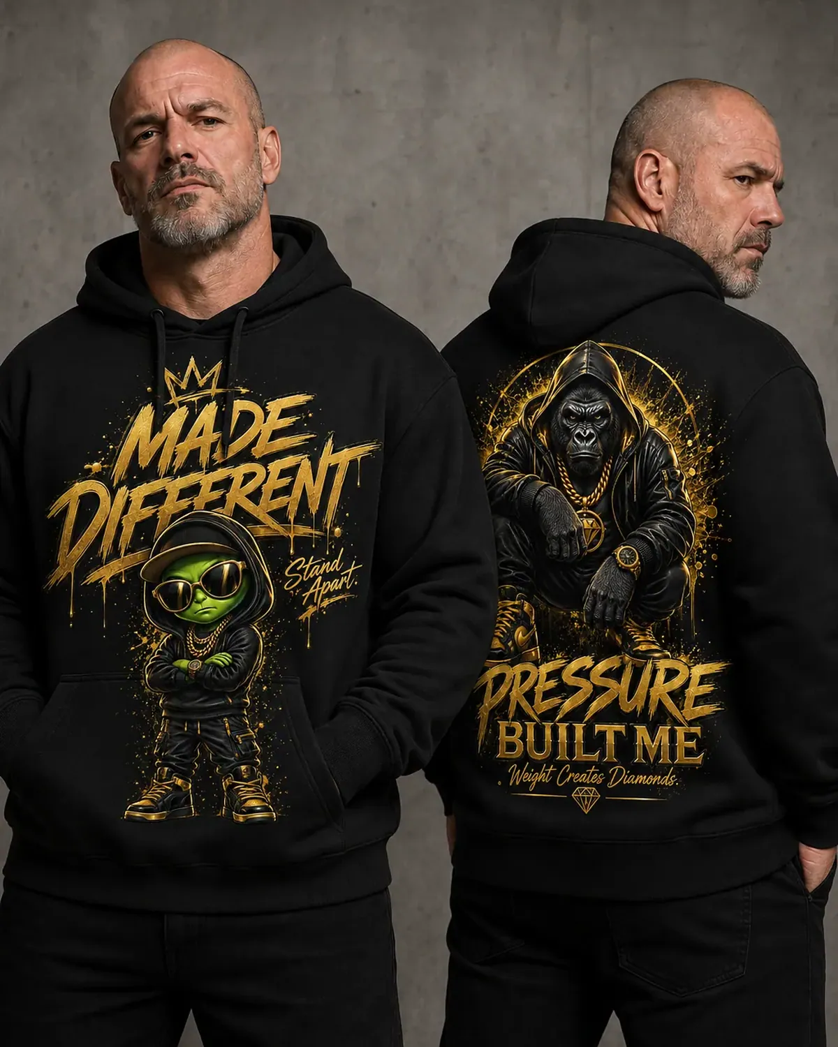 Black Made Different graphic hoodie — a green alien in a black hoodie under dripping gold type, with a gold , hand-printed in NJ