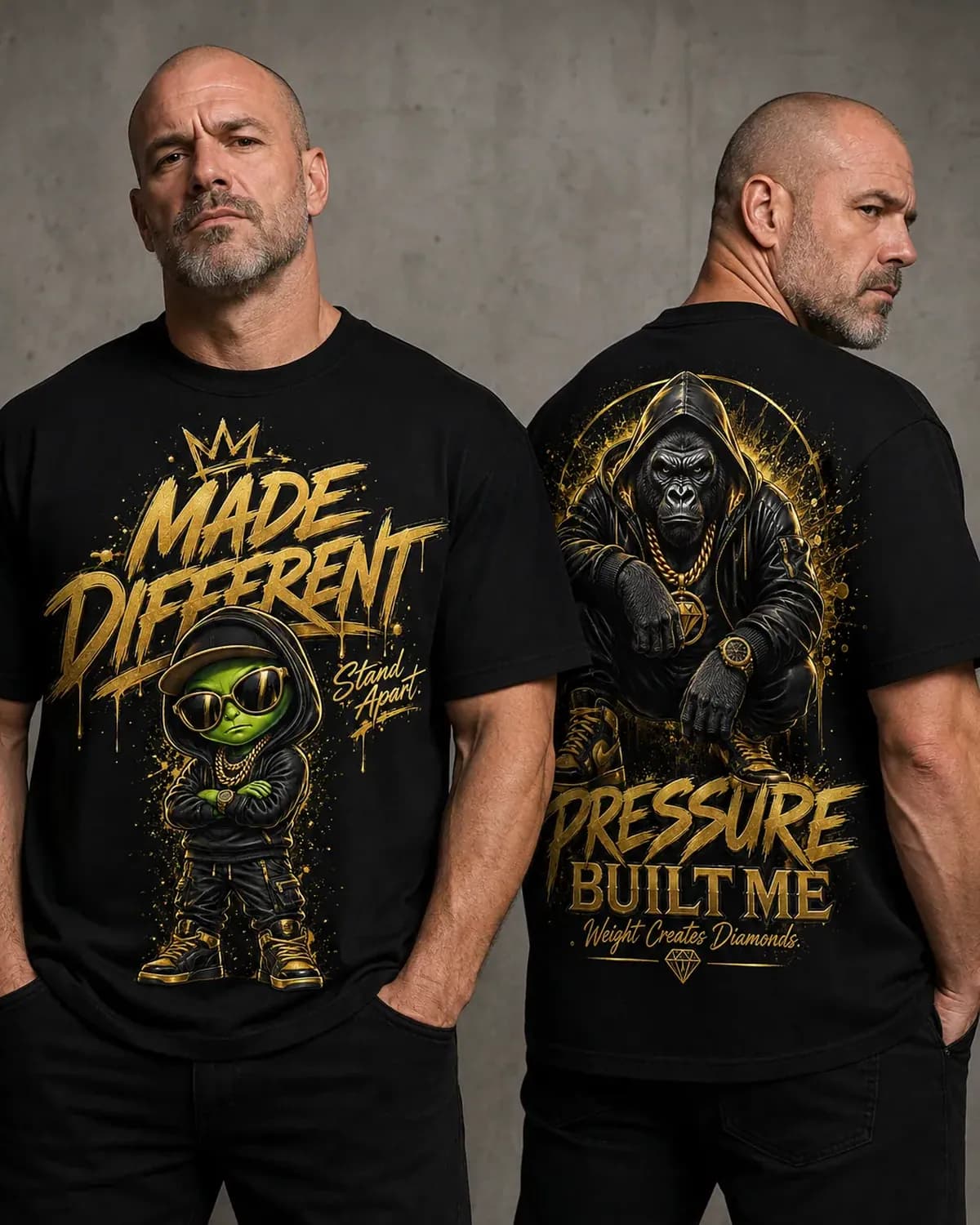 Black Made Different graphic tee — a green alien in a black hoodie under dripping gold type, with a gold , hand-printed in NJ