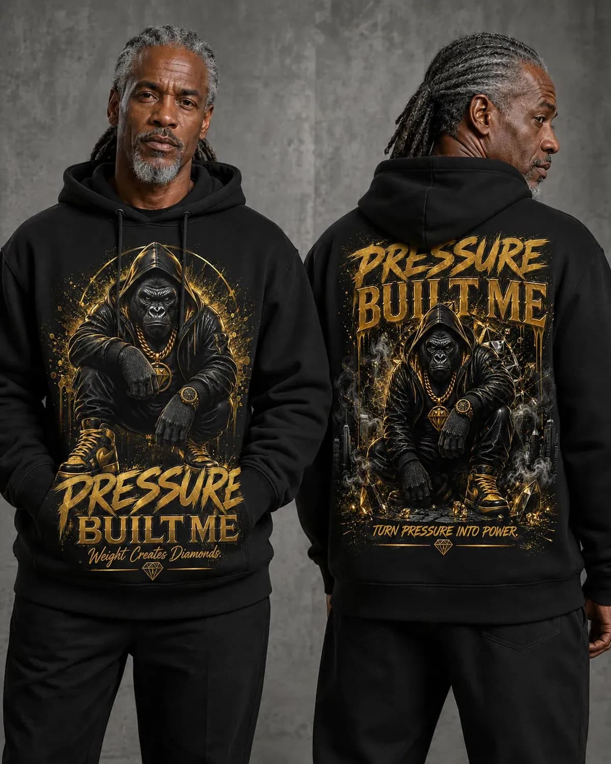 Black Pressure Built Me graphic hoodie — a gold-outlined silverback gorilla in a chain, arms crossed inside a g, hand-printed in NJ