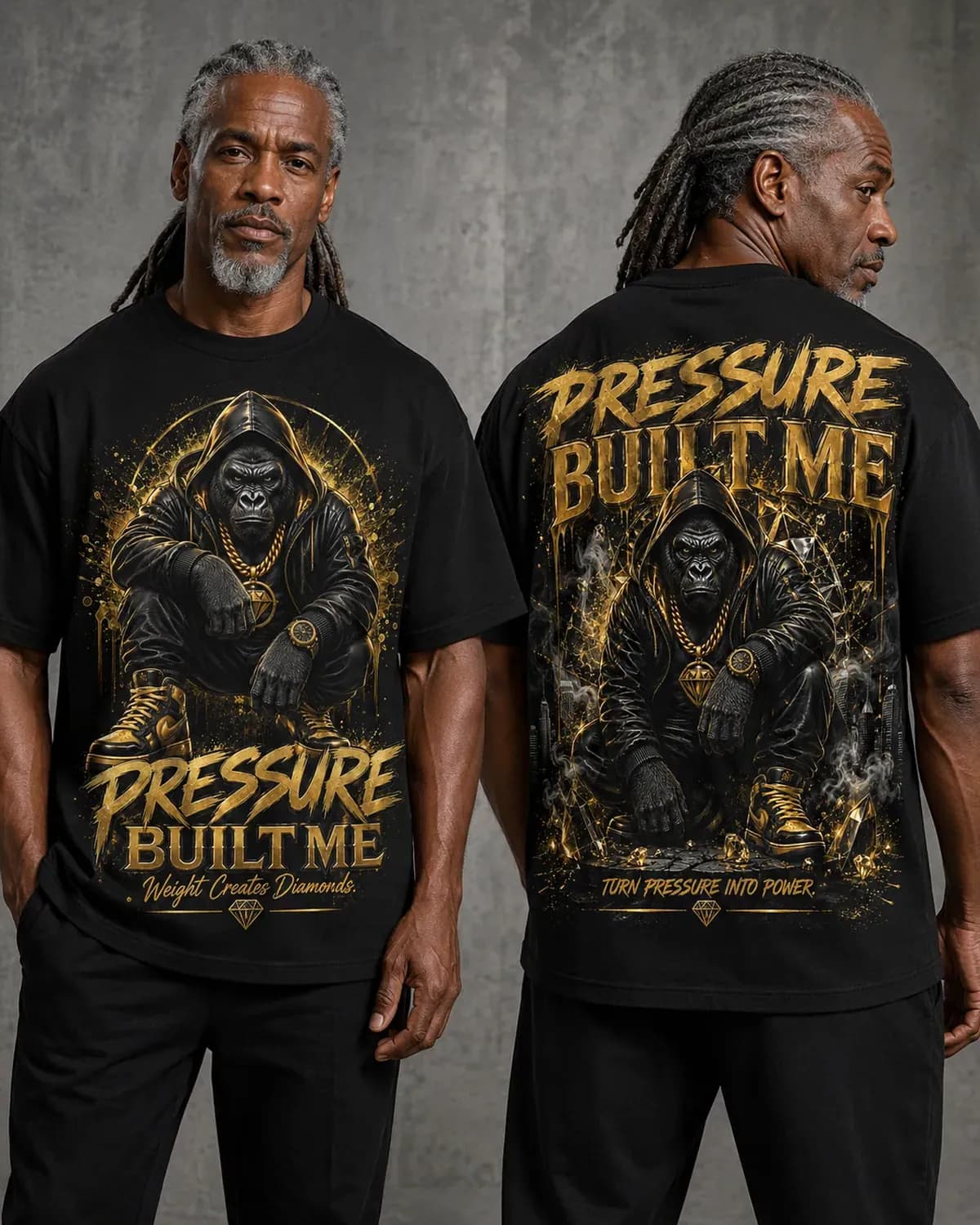 Black Pressure Built Me graphic tee — a gold-outlined silverback gorilla in a chain, arms crossed inside a g, hand-printed in NJ