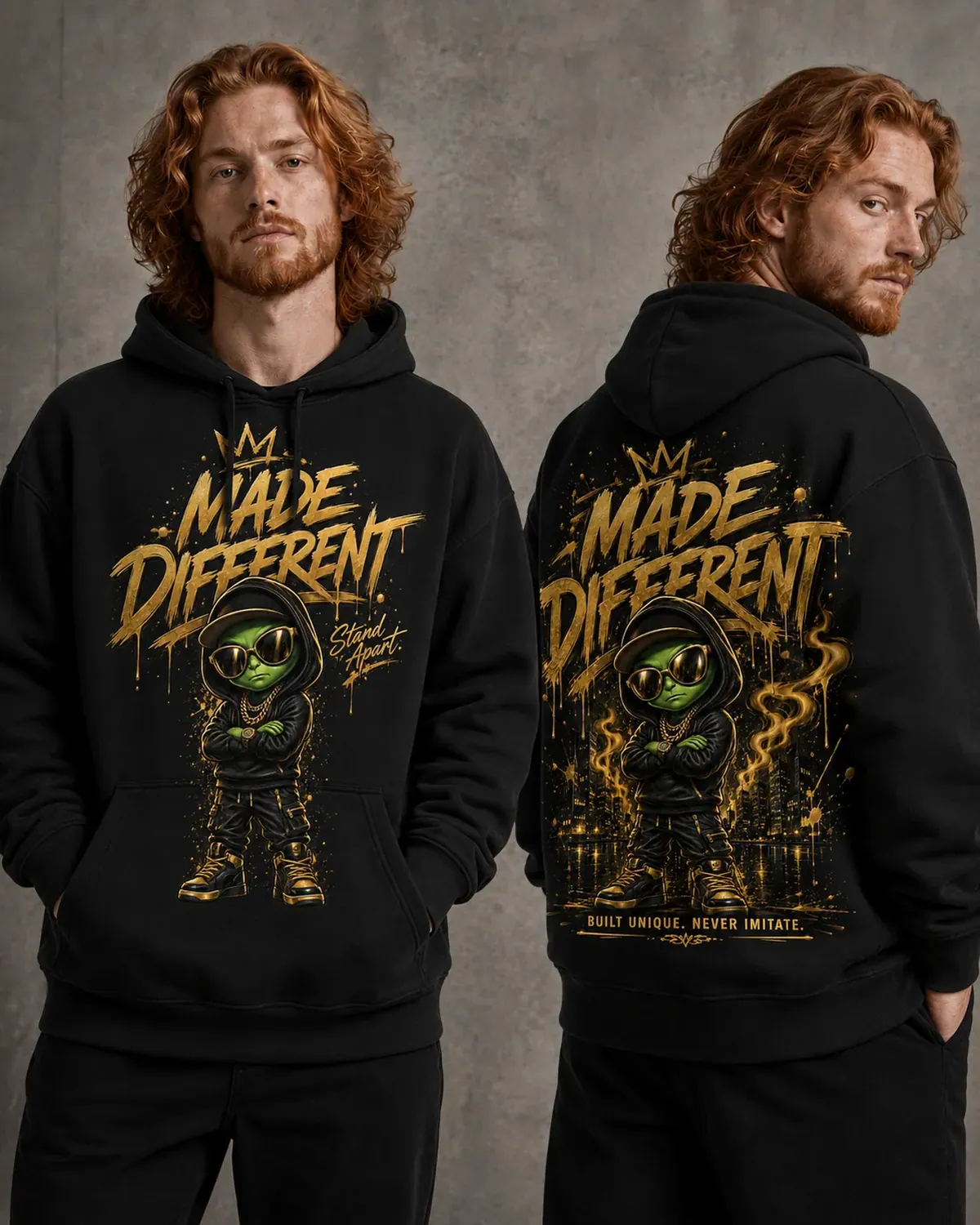 Black Made Different graphic hoodie — a green alien in a hooded jacket under gold drip lettering, gold city , hand-printed in NJ