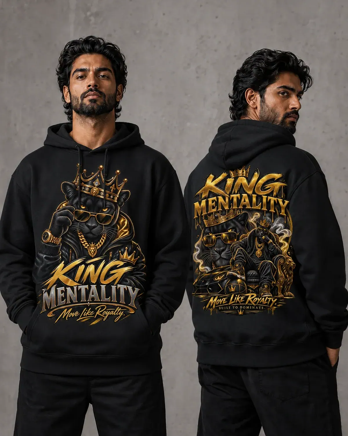 Black King Mentality graphic hoodie — a black panther in a gold crown and chain, gold smoke curling off dark, hand-printed in NJ