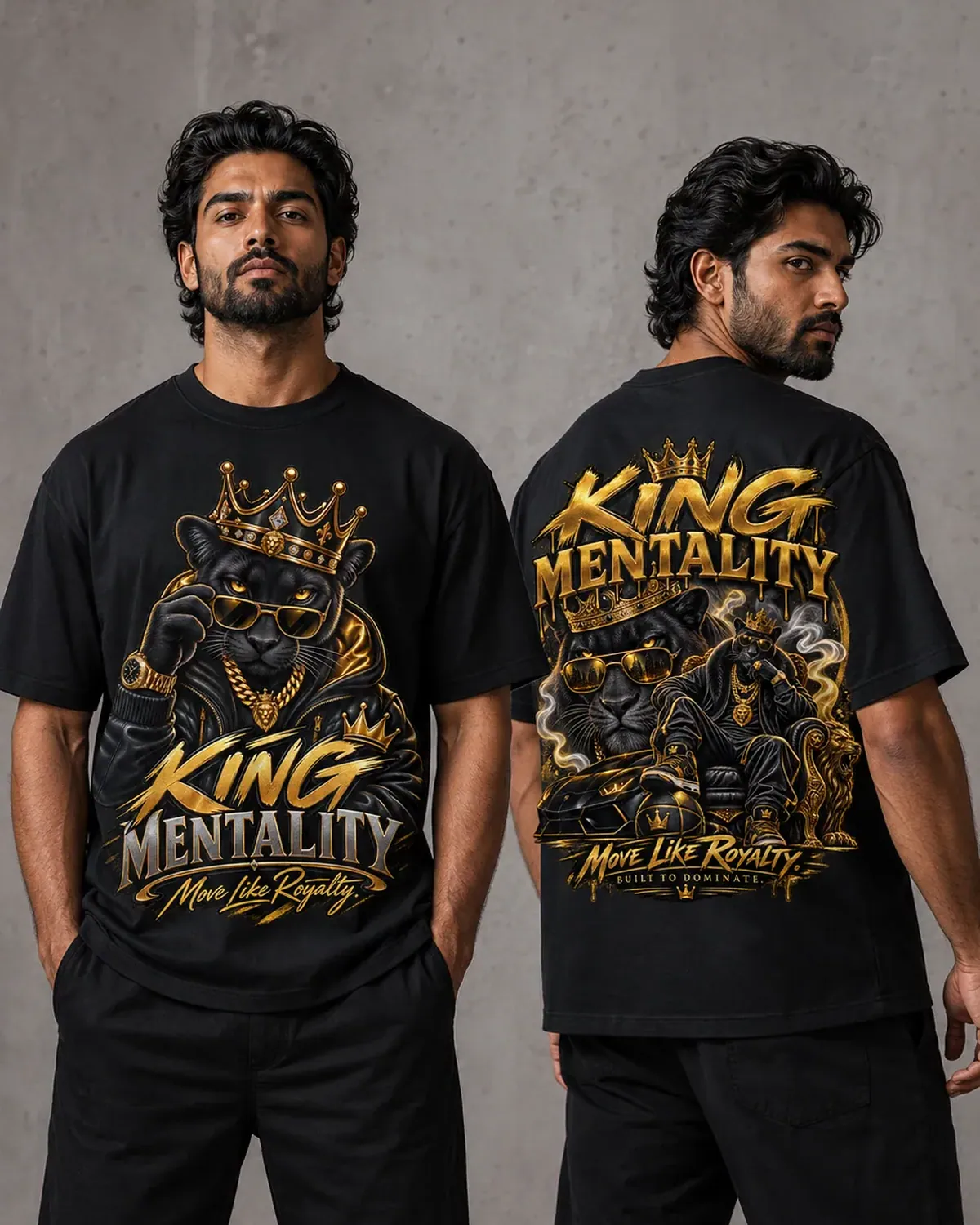 Black King Mentality graphic tee — a black panther in a gold crown and chain, gold smoke curling off dark, hand-printed in NJ