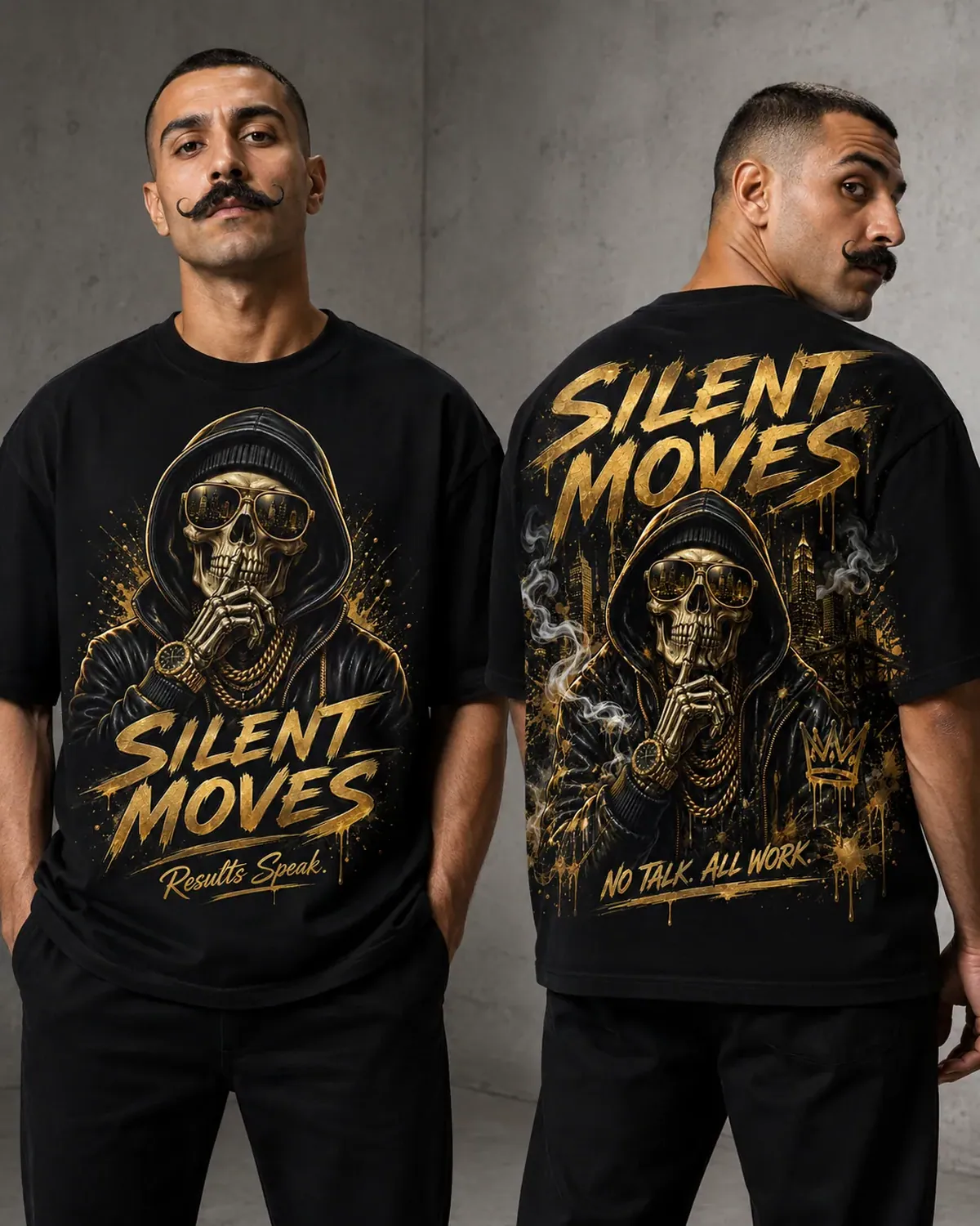 Black Silent Moves graphic tee — a gold skull in a pulled-up hood and shades, smoke drifting off a chai, hand-printed in NJ