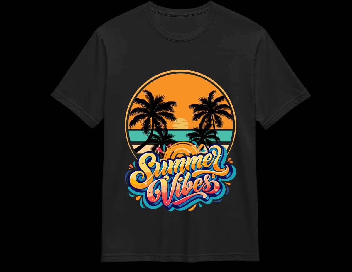 Black Summer Vibes tee — retro orange sunset palm graphic