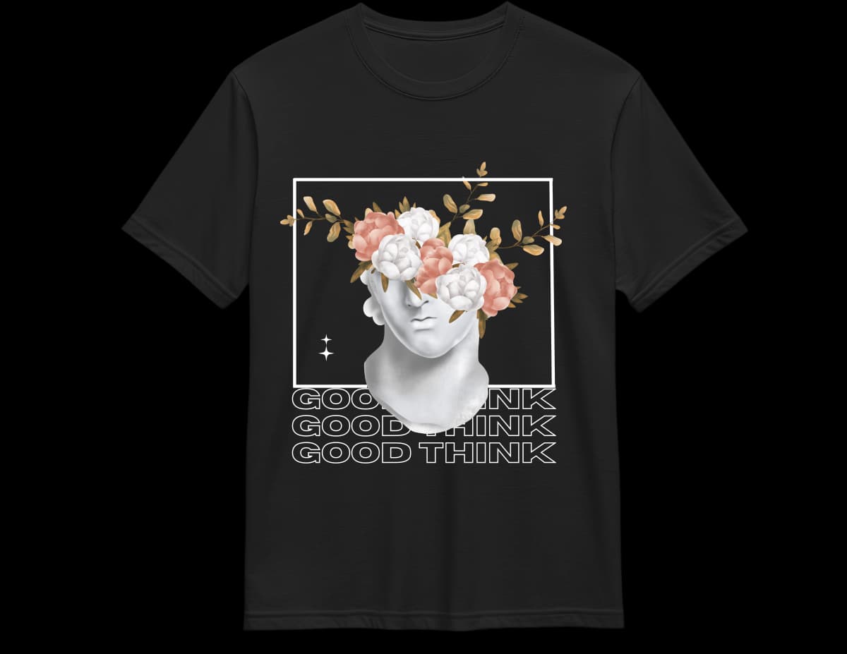 Black Good Think tee — peach floral classical bust print