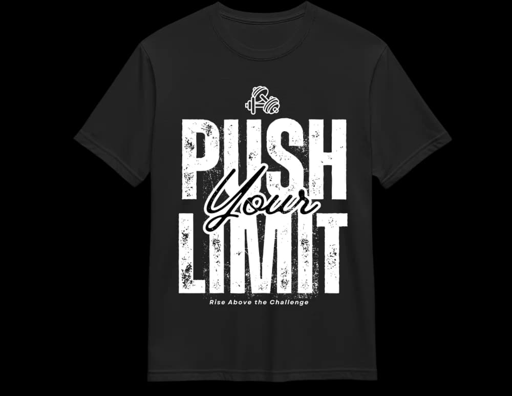 Black Push Your Limit gym tee — heavy red block type training graphic