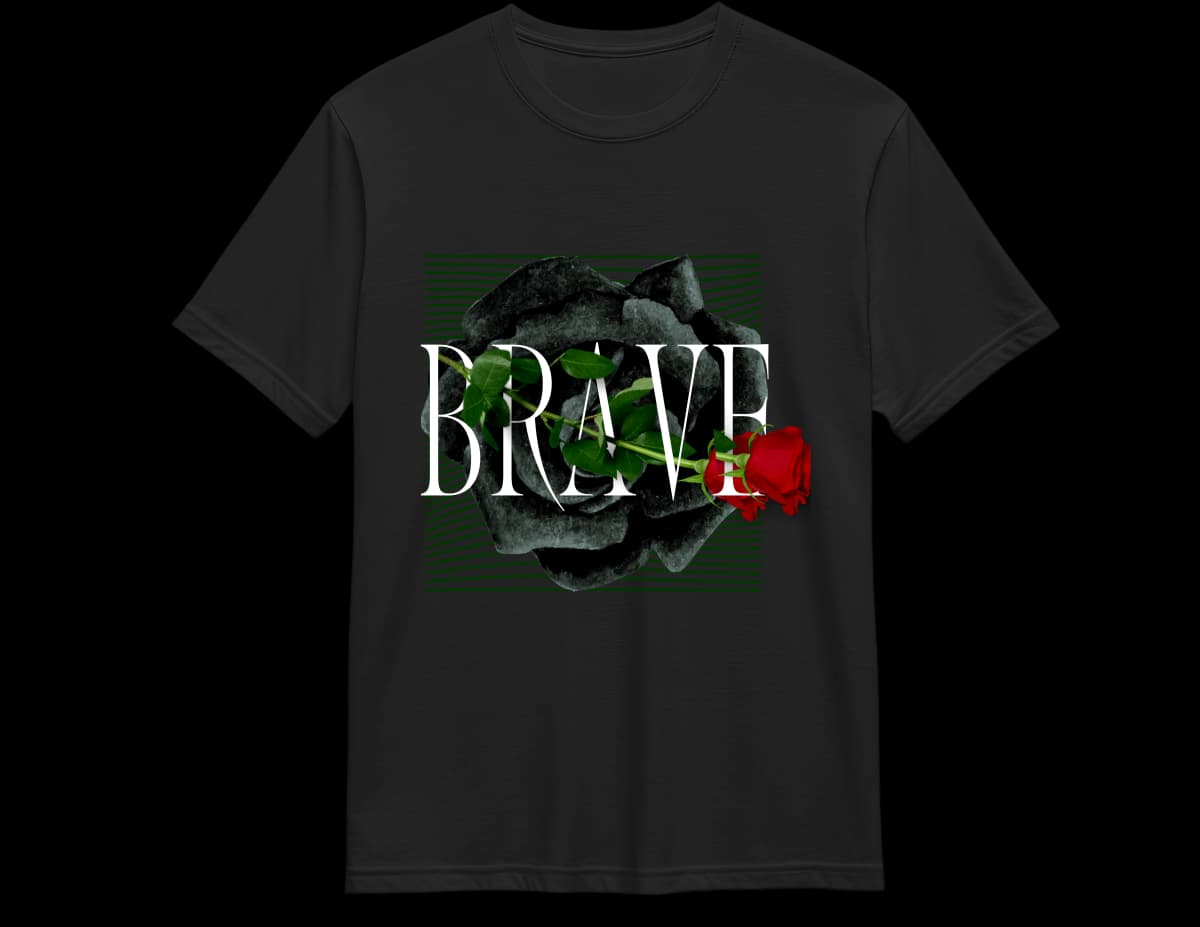 Black Brave rose tee — deep black bloom with red petal accent