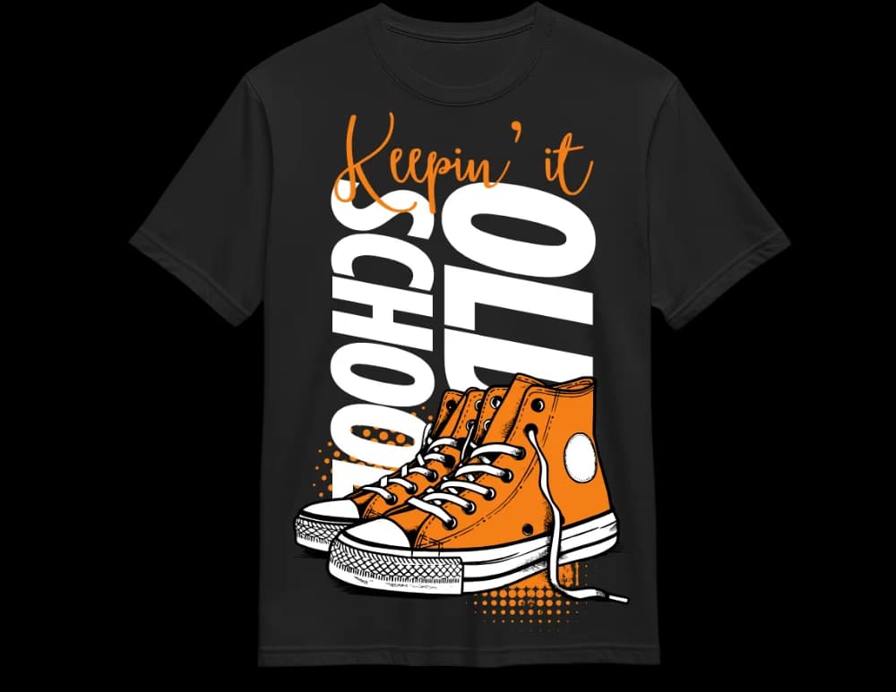 Black Keepin' It Old School tee — orange canvas hi-top graphic, retro sneaker print