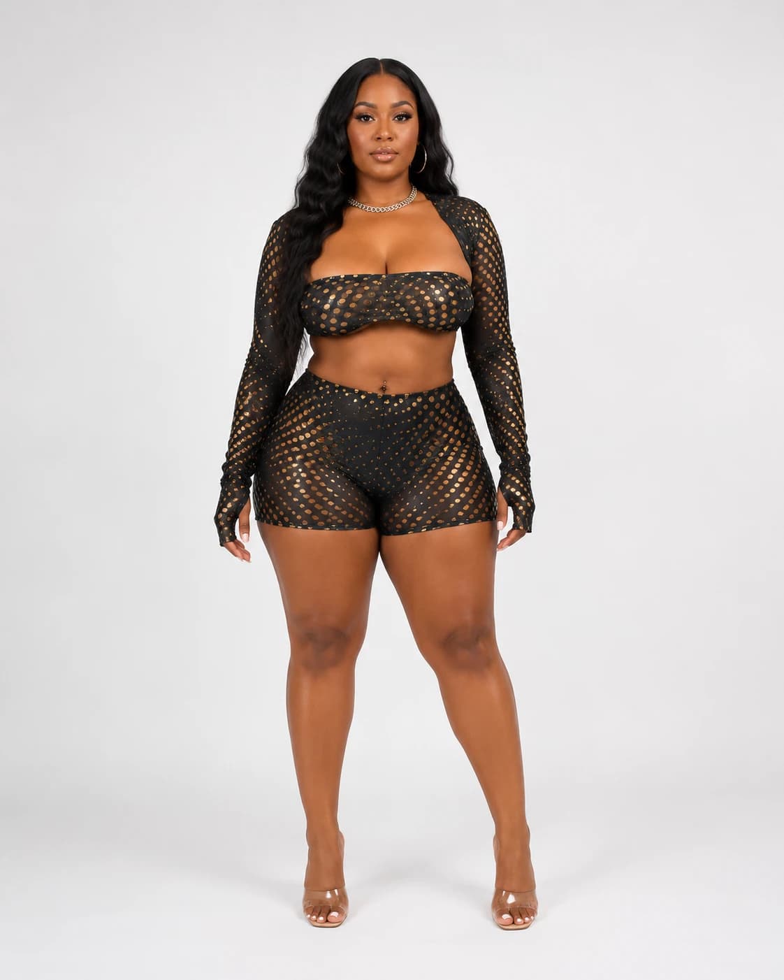 Sheer black mesh three-piece set with gold dot pattern — front view, full length